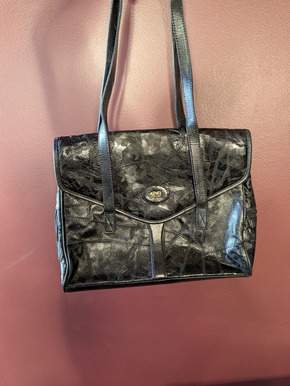 RECUERDO Vintage Black Leather Patchwork Satchel Gold Logo Flap Handbag